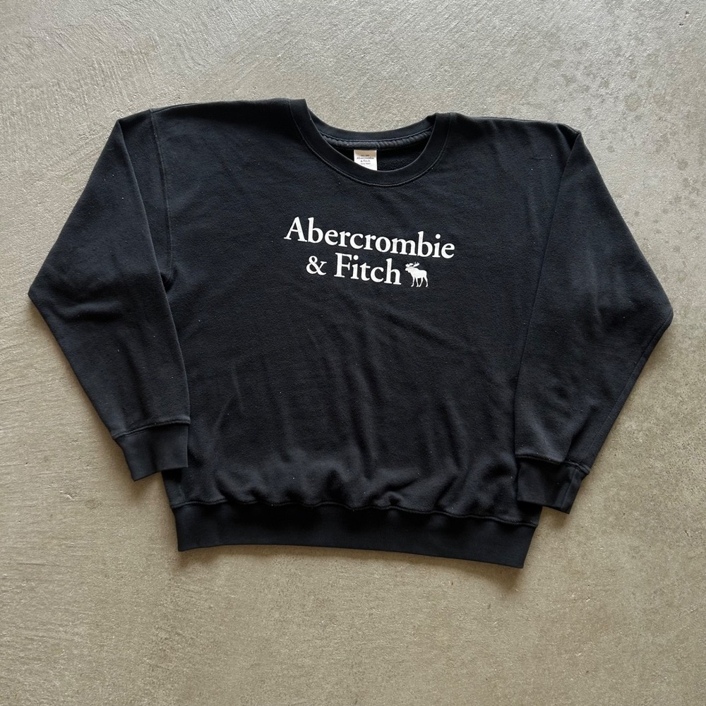 Abercrombie & Fitch Sweatshirt Size Medium Black White Spell Out Logo Crewneck